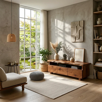 A modern media console with live edge top and natural wood grain adds texture to this cozy space