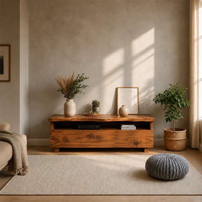 TV Stand with Storage Drawers and Open Shelf in Natural Solid Wood