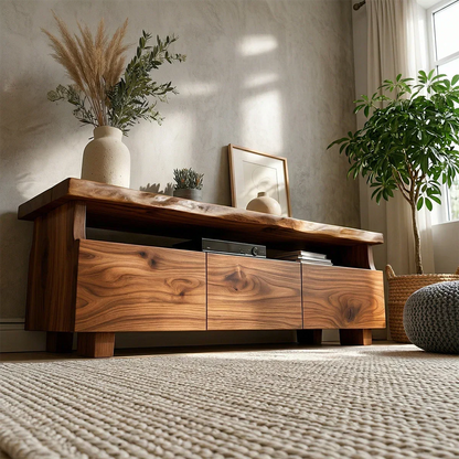 Contemporary TV stand with natural wood grain and open shelf storage enhances modern décor