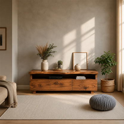 TV Stand with Storage Drawers and Open Shelf in Natural Solid Wood