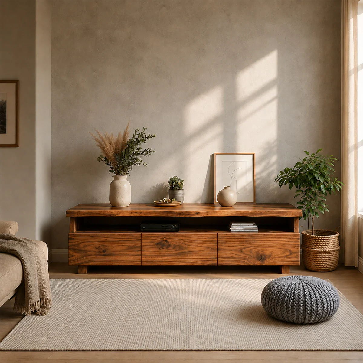 TV Stand with Storage Drawers and Open Shelf in Natural Solid Wood