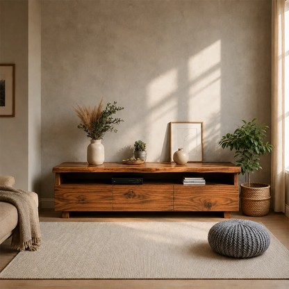 TV Stand with Storage Drawers and Open Shelf in Natural Solid Wood