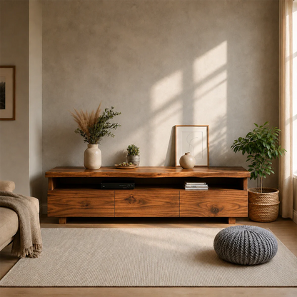 TV Stand with Storage Drawers and Open Shelf in Natural Solid Wood