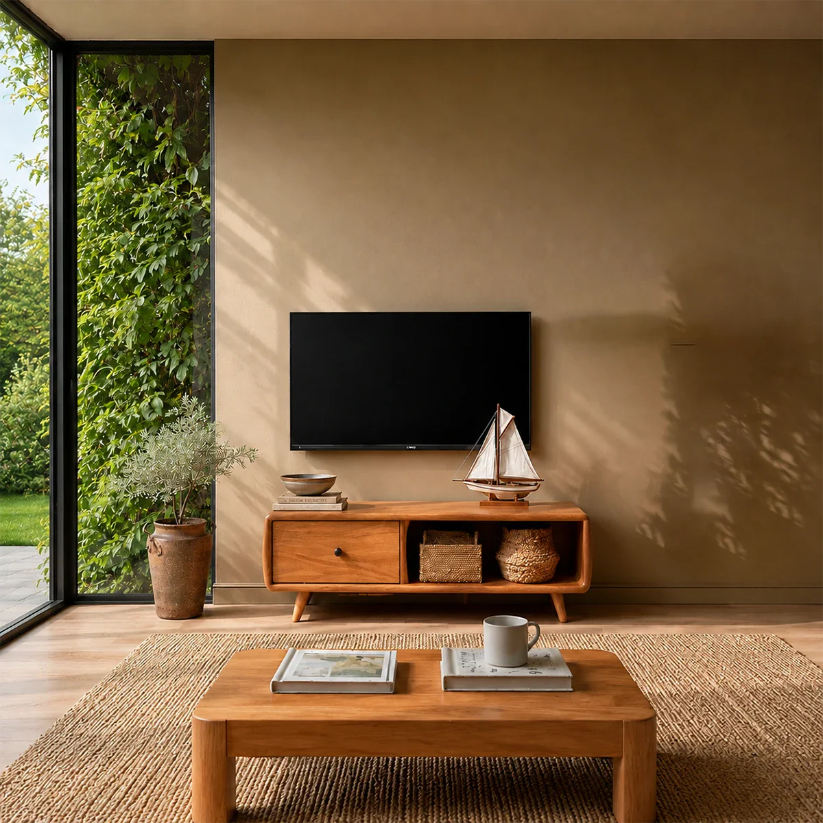 Modern Low Profile TV Stand in Natural Solid Wood with Drawer and Open Shelf