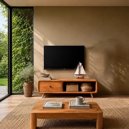 Modern Low Profile TV Stand in Natural Solid Wood with Drawer and Open Shelf