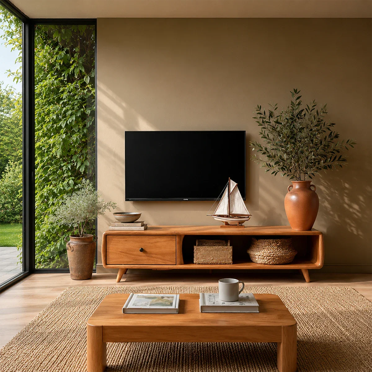 Modern living room with a wooden TV stand, coffee table, and decorative items.