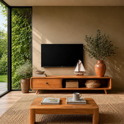 Modern Low Profile TV Stand in Natural Solid Wood with Drawer and Open Shelf