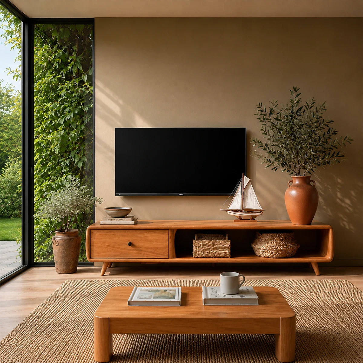 Modern Low Profile TV Stand in Natural Solid Wood with Drawer and Open Shelf