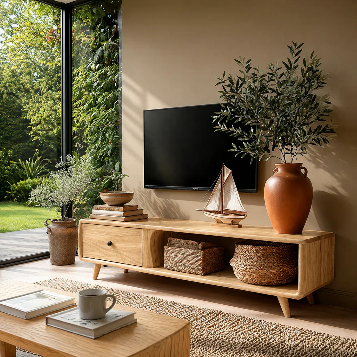 Airy home design showcasing a simple TV console with storage and natural wood tone