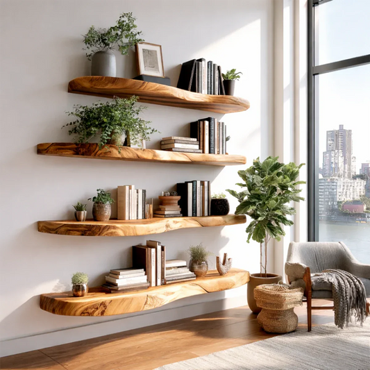 Long floating wall shelves with natural live edge detail and warm oak tone finish storage display