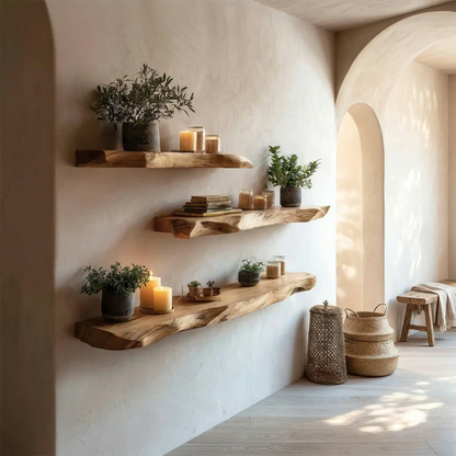Modern wall mounted shelves designed with organic slab detail and refined oak tone finish display