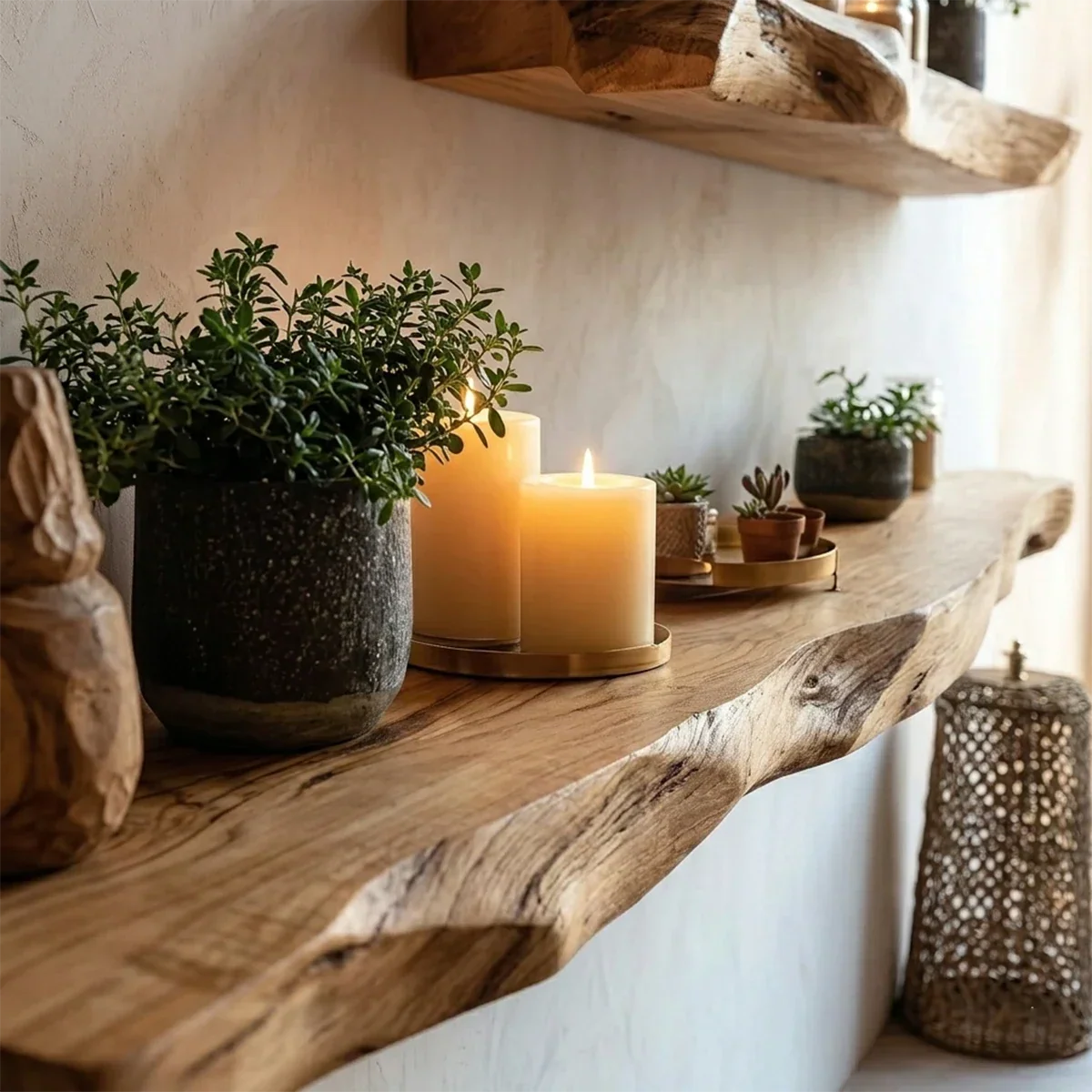 Contemporary floating shelves showcasing handcrafted slab edges and warm oak tone finish