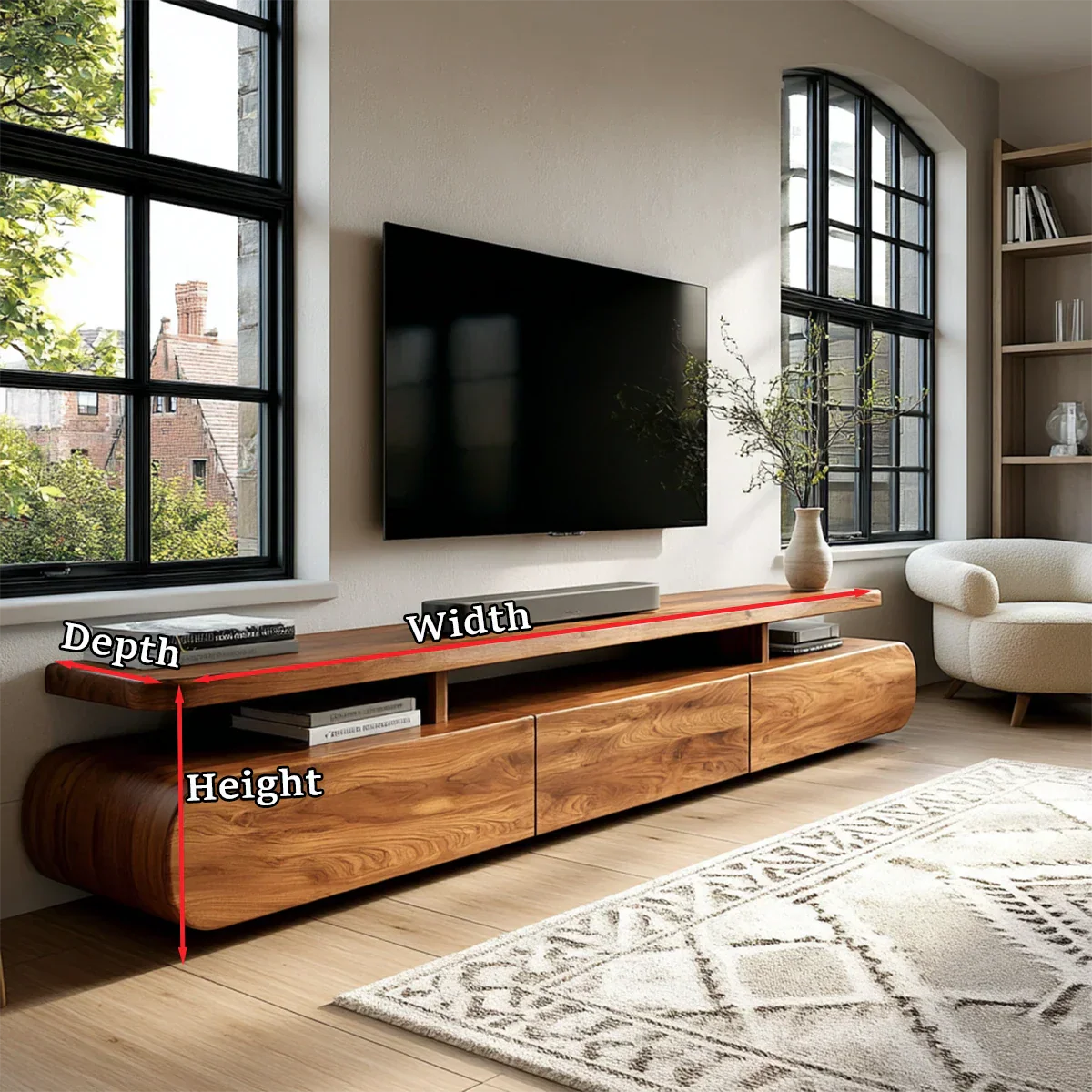 Modern living space with sleek TV console and natural wood tone for organized setup