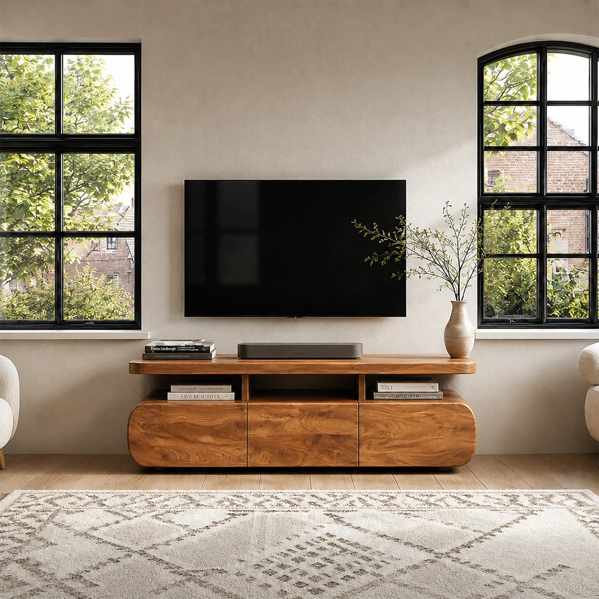 Curved Low Profile TV Stand with Sliding Doors in Natural Solid Wood