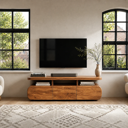 Curved Low Profile TV Stand with Sliding Doors in Natural Solid Wood