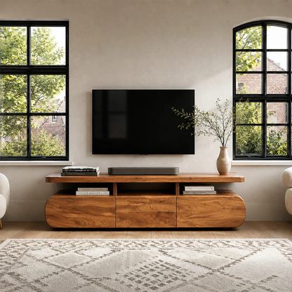 Curved Low Profile TV Stand with Sliding Doors in Natural Solid Wood