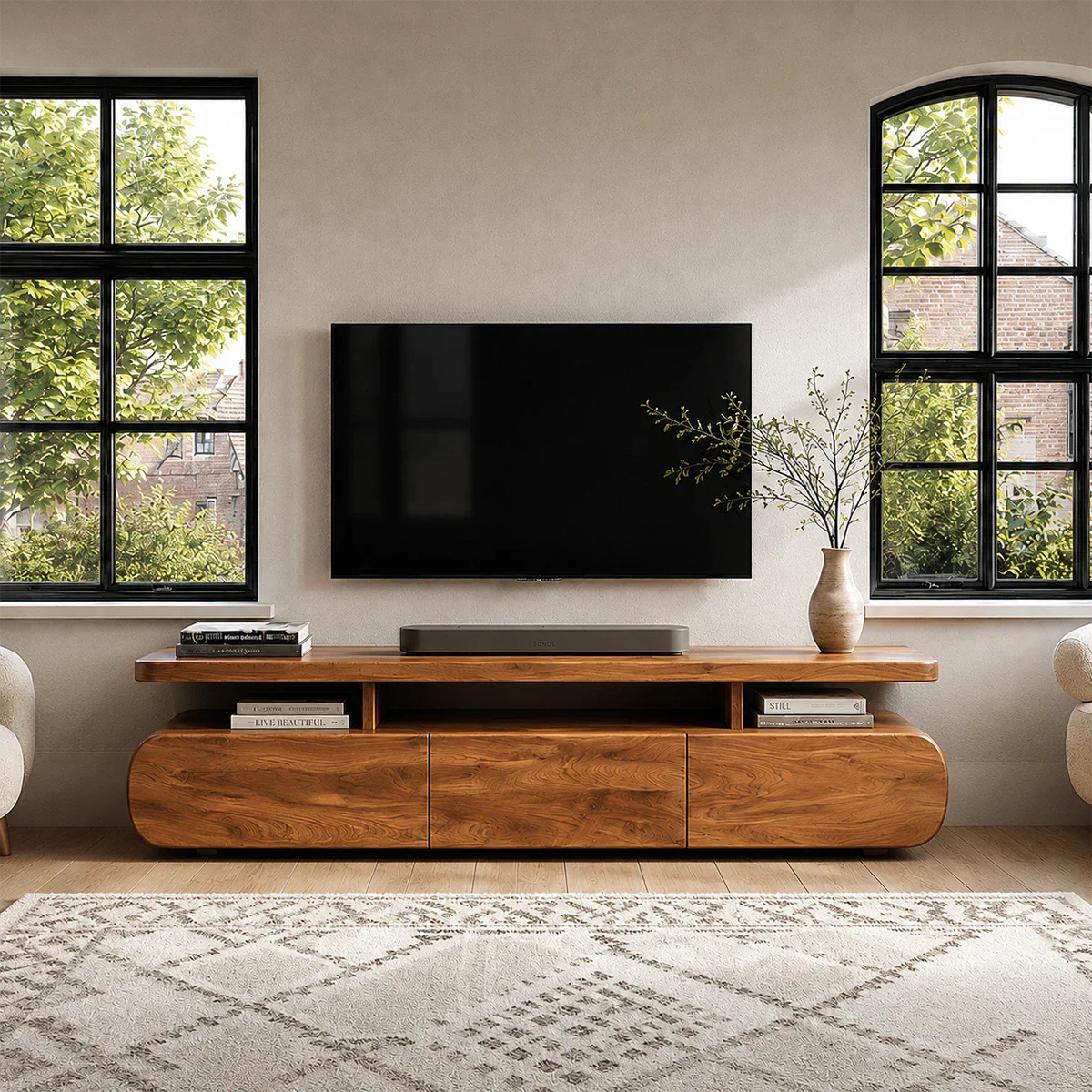 Curved Low Profile TV Stand with Sliding Doors in Natural Solid Wood