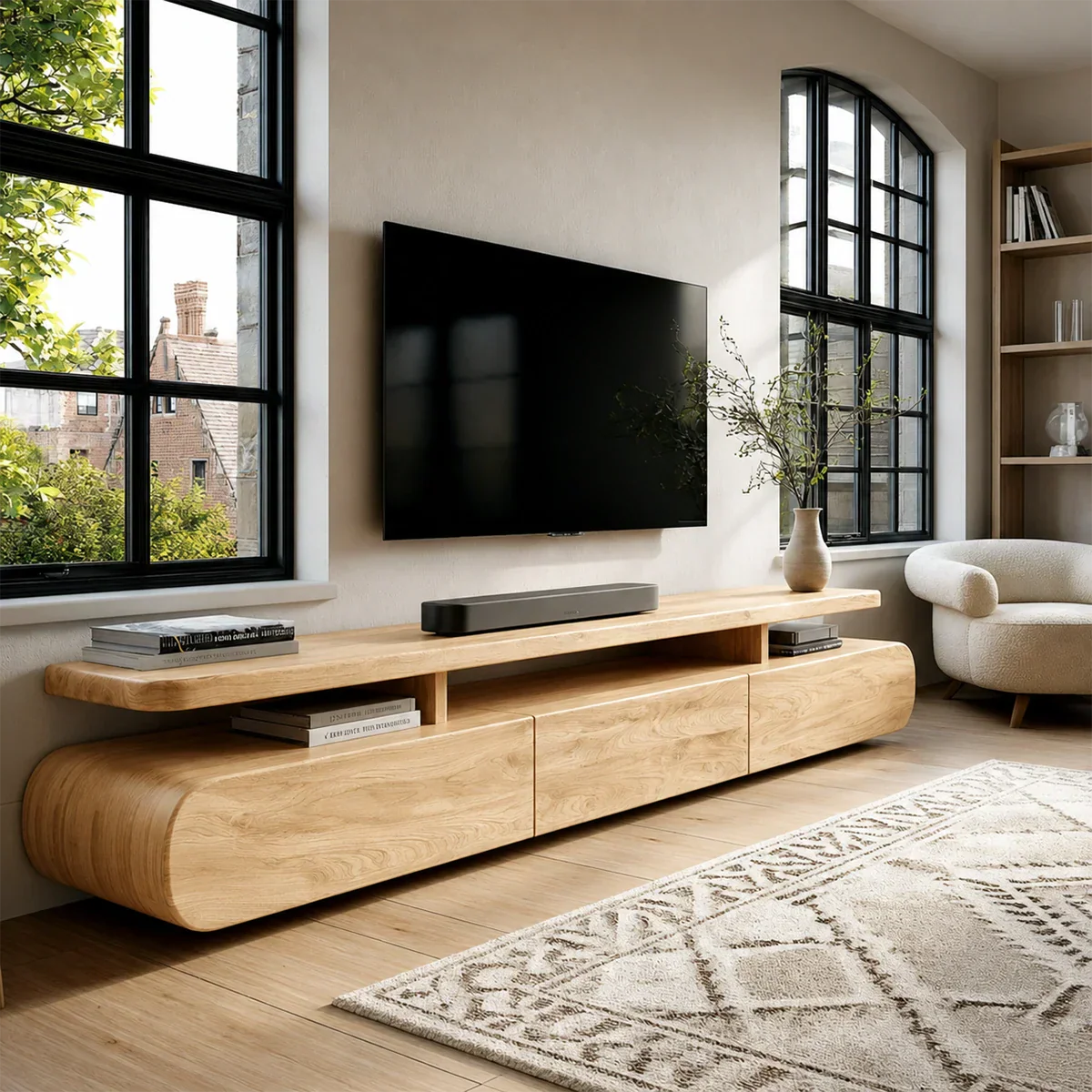 Contemporary home featuring low TV cabinet with functional storage and display space