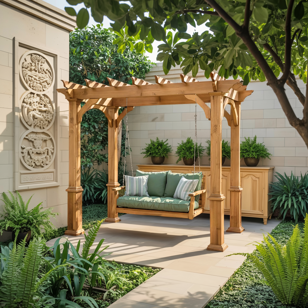 Rustic Pergola Swing Bench For Outdoor Garden And Lounge