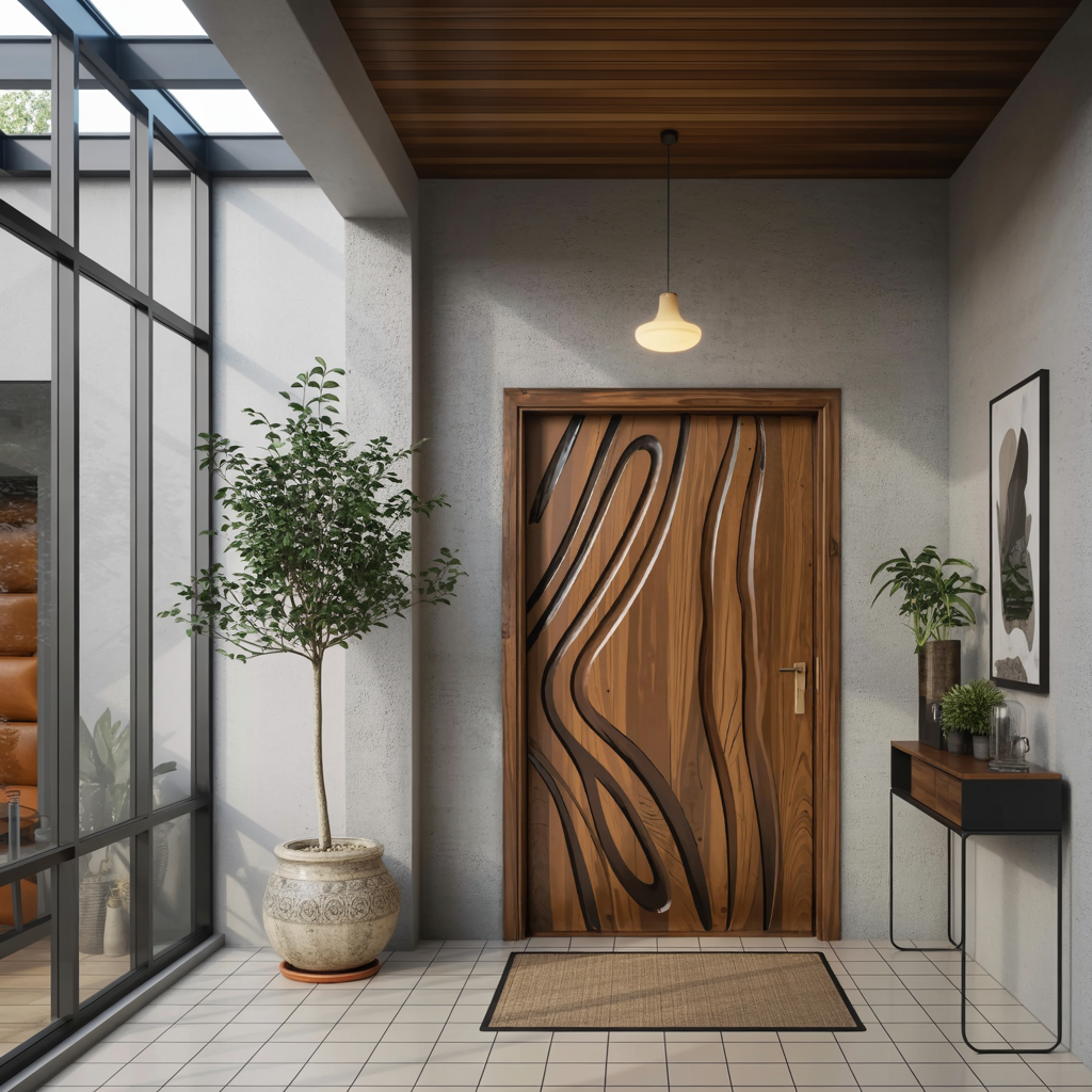 Modern Carved Wooden Door For Interior Entryway