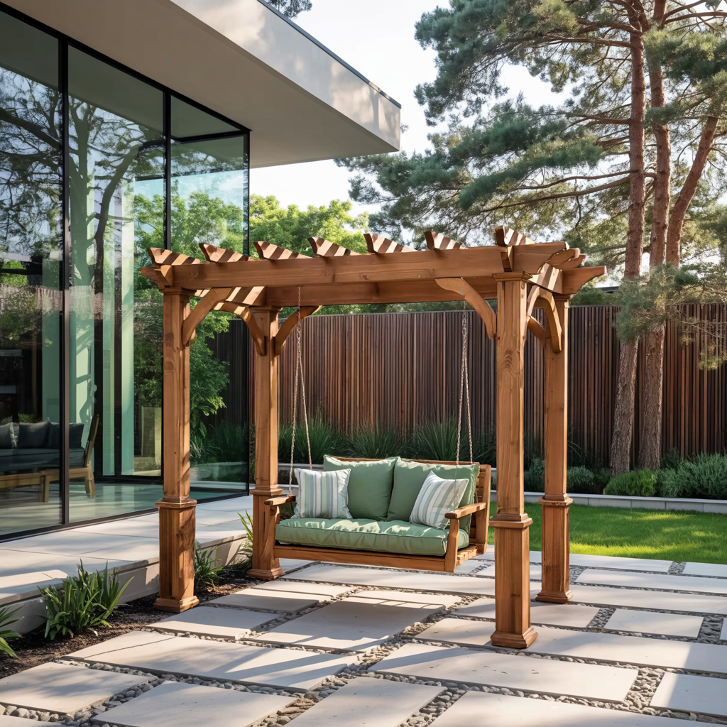 Rustic Pergola Swing Bench For Outdoor Garden And Lounge
