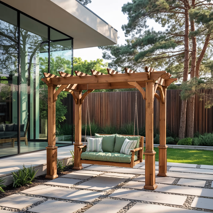 Rustic Pergola Swing Bench For Outdoor Garden And Lounge