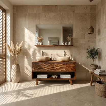 Hand-Carved Natural Solid Wood Double Sink Bathroom Vanity