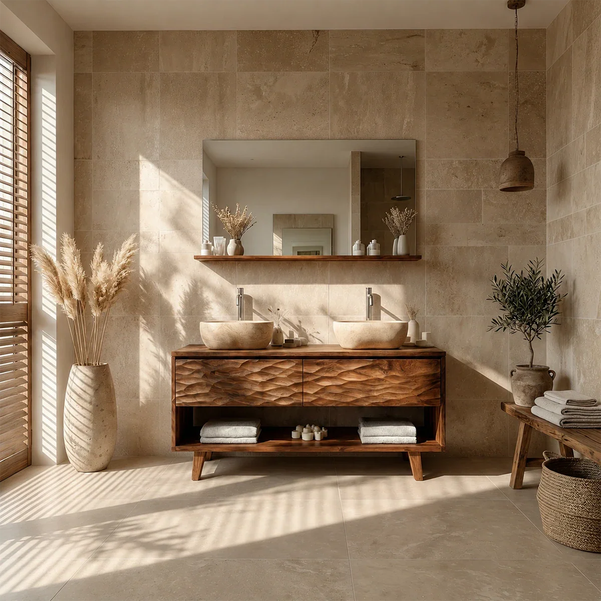 Hand-Carved Natural Solid Wood Double Sink Bathroom Vanity