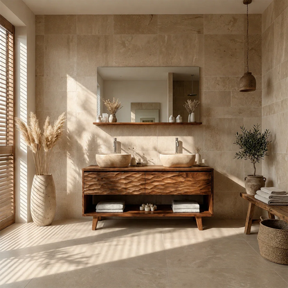 Hand-Carved Natural Solid Wood Double Sink Bathroom Vanity