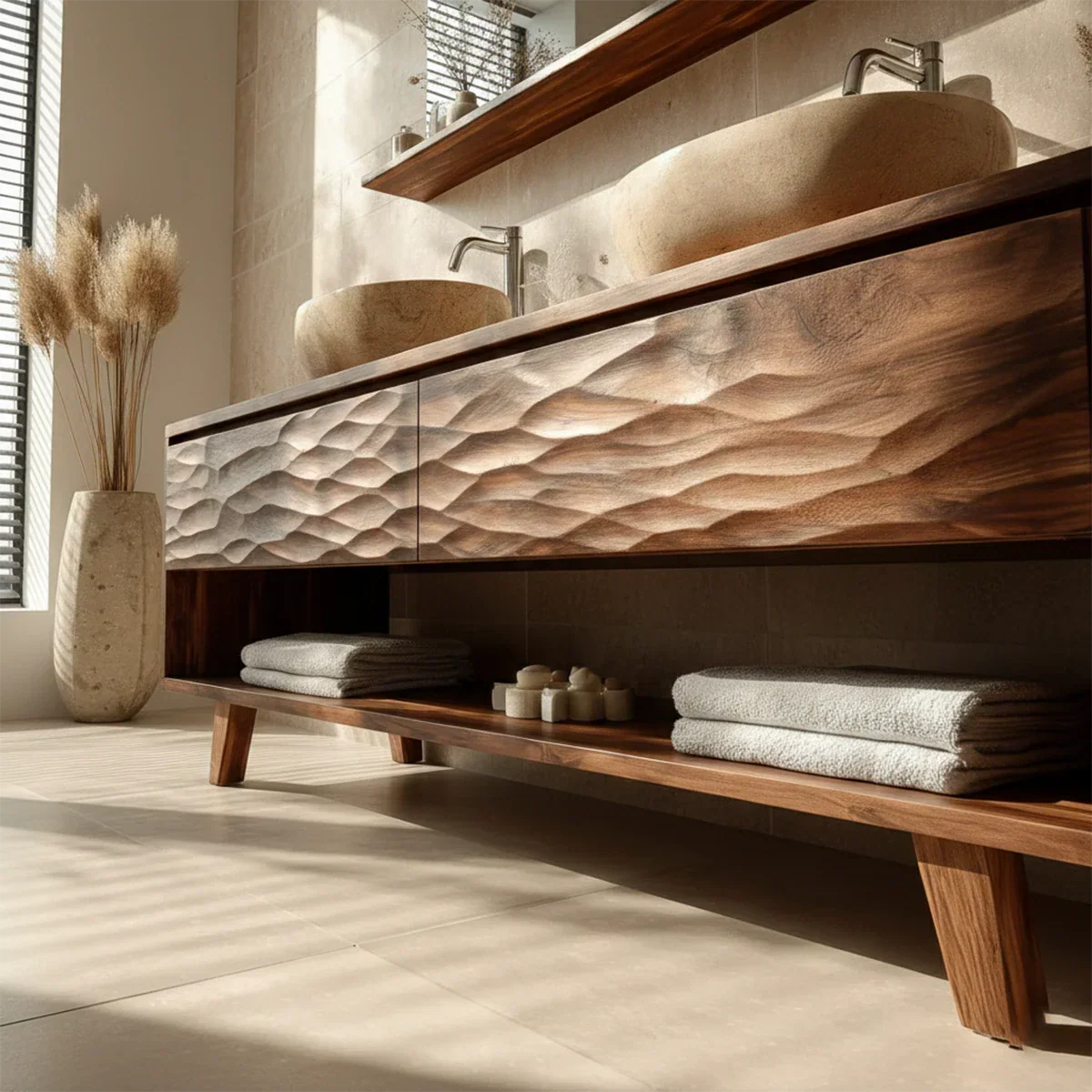 Elegant teak double bathroom vanity with sculpted wooden cabinet doors