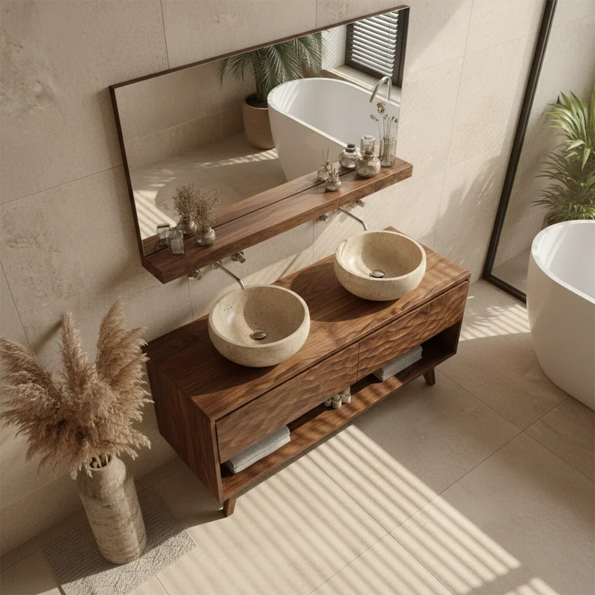 Luxury teak double bathroom vanity with natural stone bowl sinks