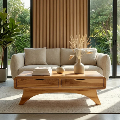 Modern Coffee Table with Two Drawers – Natural Wood Center Table for Living Room