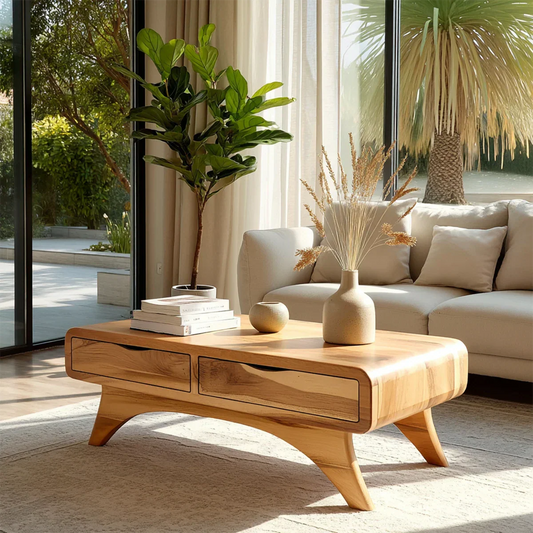 Mid century coffee table with storage drawers and tapered legs for modern living room styling