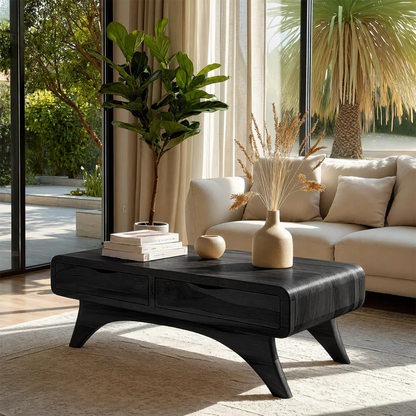 Compact coffee table with storage and elevated base for light and airy interiors