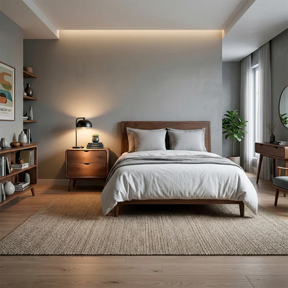 Minimalist bedroom nightstand designed with curved corners and elegant walnut tone finish detail
