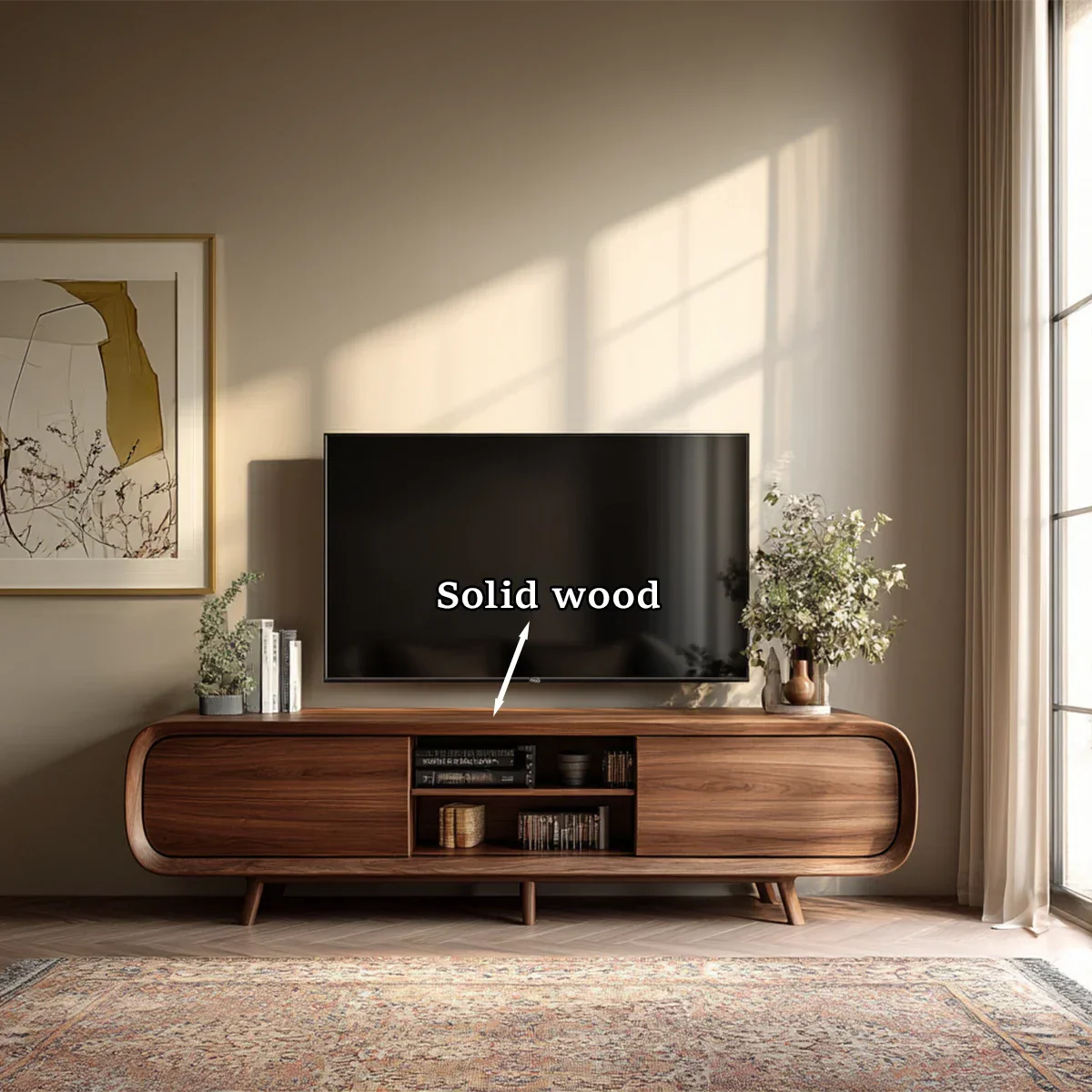 A wooden media console with rounded edges and open shelving enhances a cozy modern space