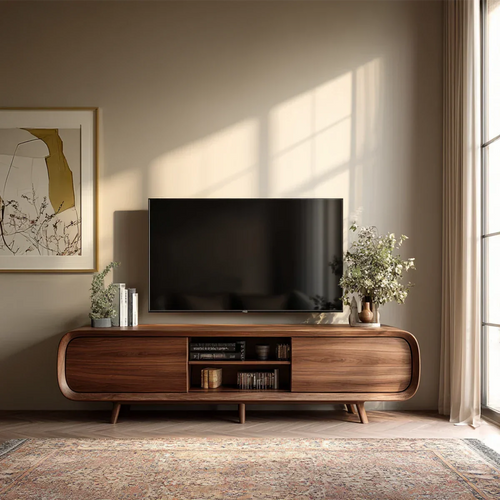 Mid century modern TV stand with curved edges and storage compartments in a warm minimalist living room