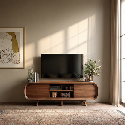 Mid Century Curved TV Stand in Natural Solid Wood with Door Storage and Open Shelf