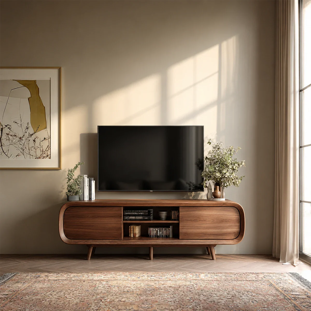 Mid Century Curved TV Stand in Natural Solid Wood with Door Storage and Open Shelf