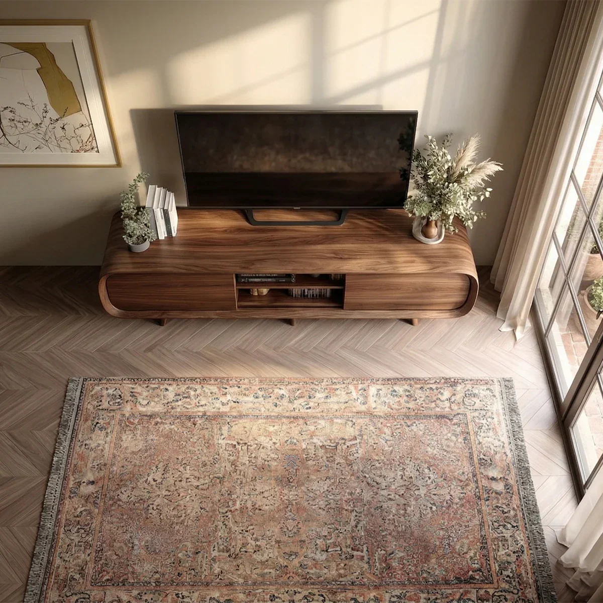 Solid wood TV console with curved sides and storage compartments creates a soft organic feel