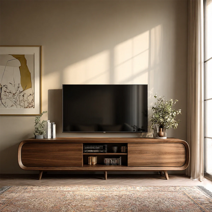 Mid Century Curved TV Stand in Natural Solid Wood with Door Storage and Open Shelf