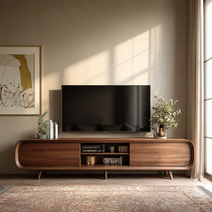 Mid Century Curved TV Stand in Natural Solid Wood with Door Storage and Open Shelf