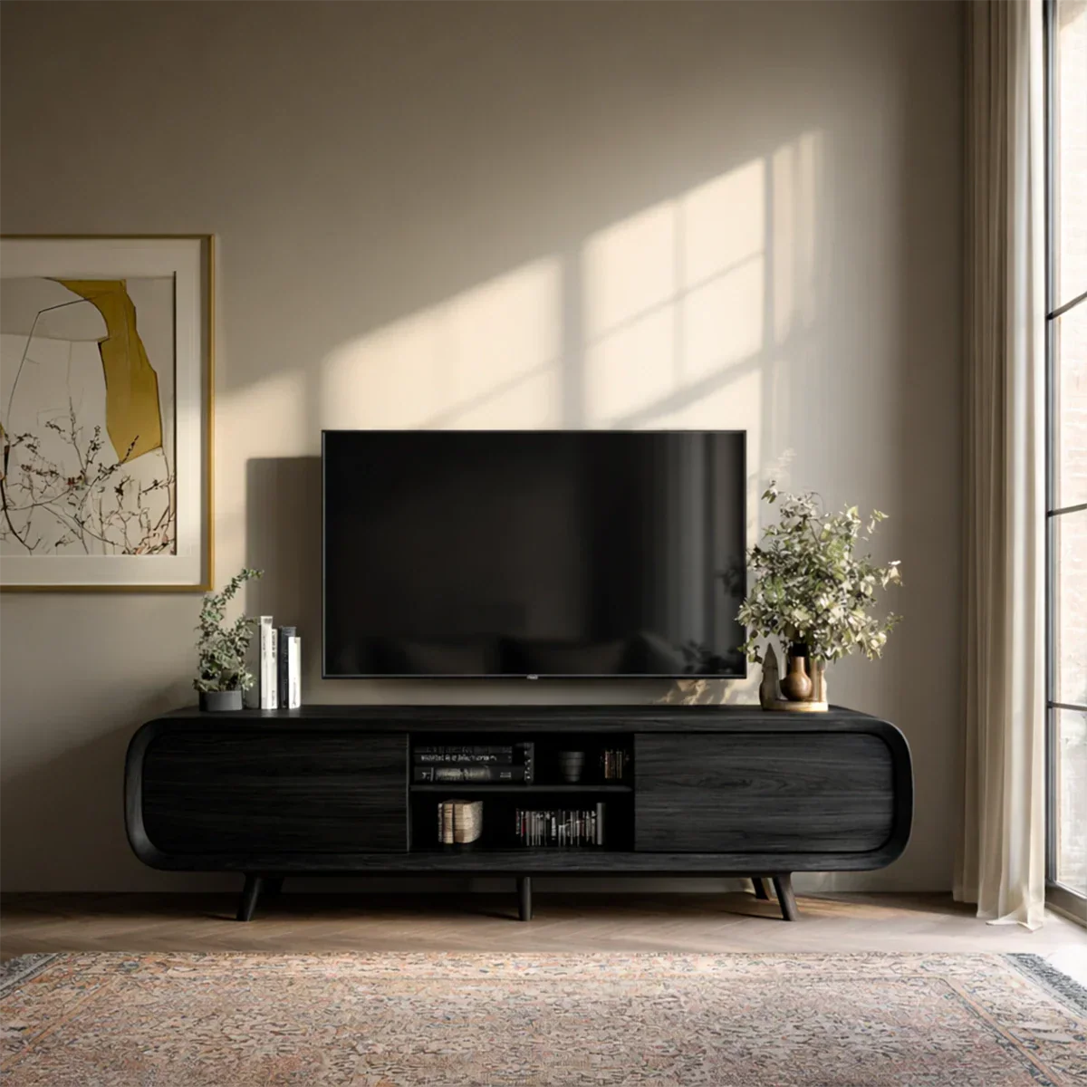 Contemporary TV stand with curved silhouette and storage adds balance to a modern living room