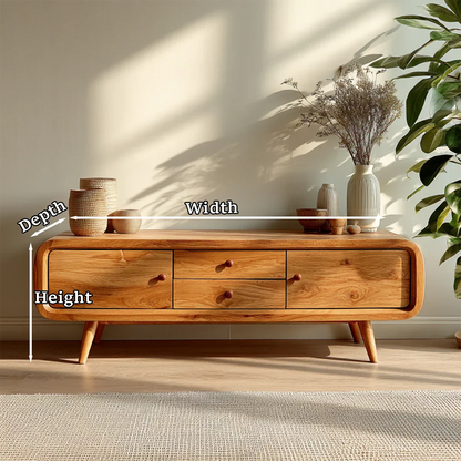 Modern media console with rounded edges and storage drawers delivers both style and practicality