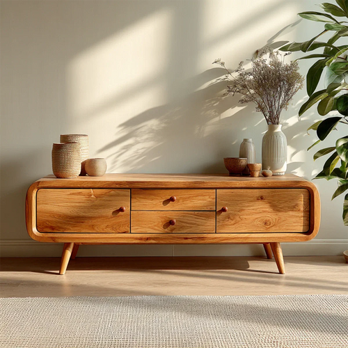 Mid century modern TV stand with rounded edges and storage drawers in a warm minimalist setting