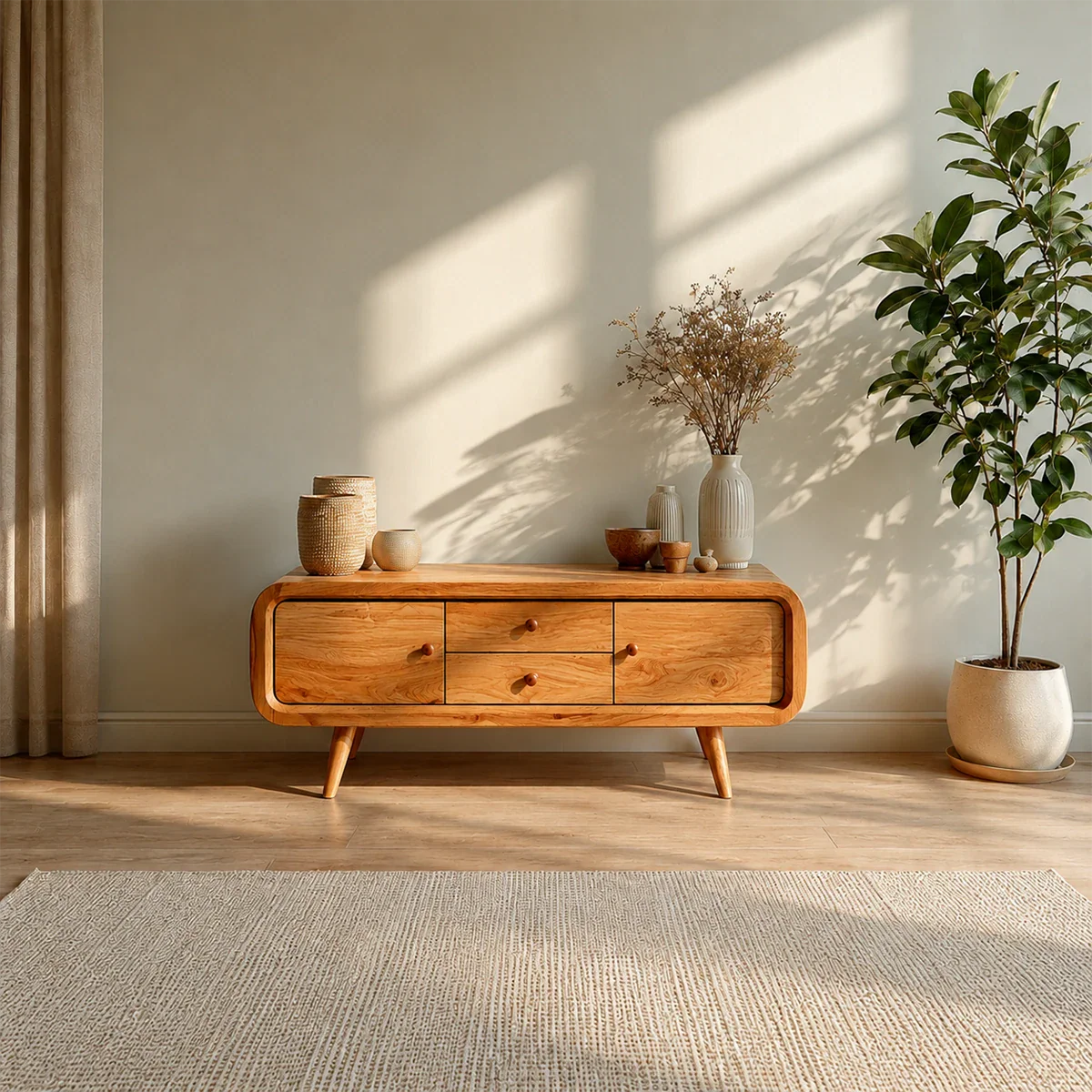 Rounded Edge TV Stand in Natural Solid Wood with Multi Drawer Storage