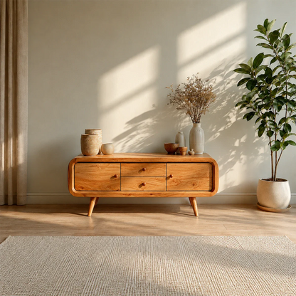 Rounded Edge TV Stand in Natural Solid Wood with Multi Drawer Storage