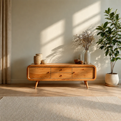 Rounded Edge TV Stand in Natural Solid Wood with Multi Drawer Storage
