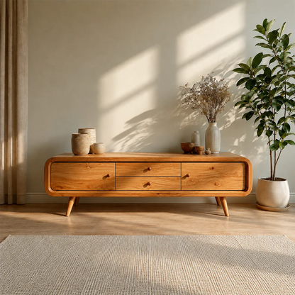 Rounded Edge TV Stand in Natural Solid Wood with Multi Drawer Storage