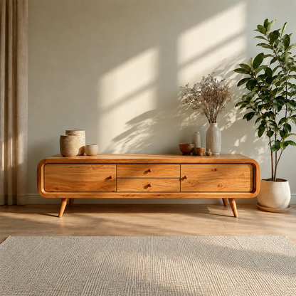 Rounded Edge TV Stand in Natural Solid Wood with Multi Drawer Storage